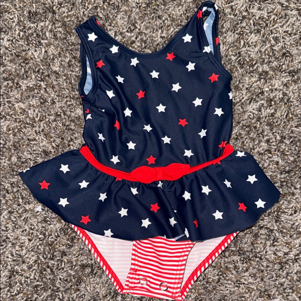 Navy Starry Kids One Piece Swimsuit with Red Accents